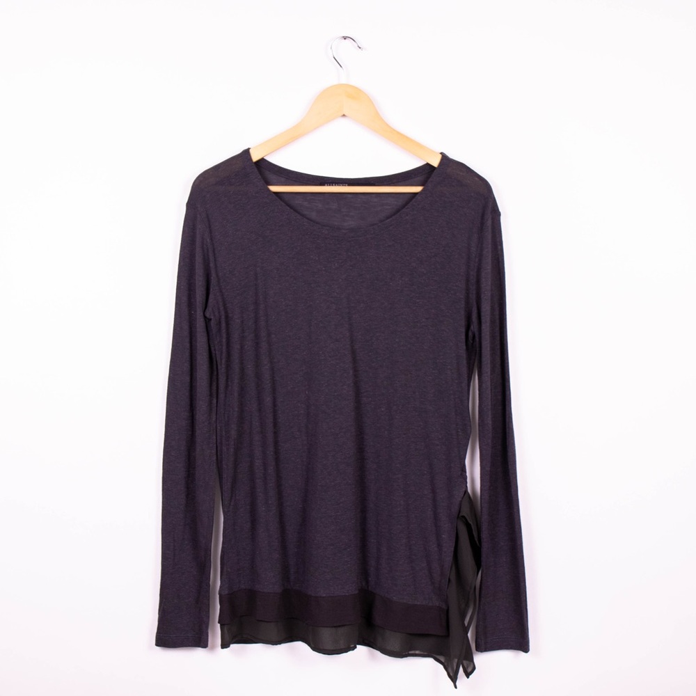 Allsaints black linen draped long sleeve tunic tee